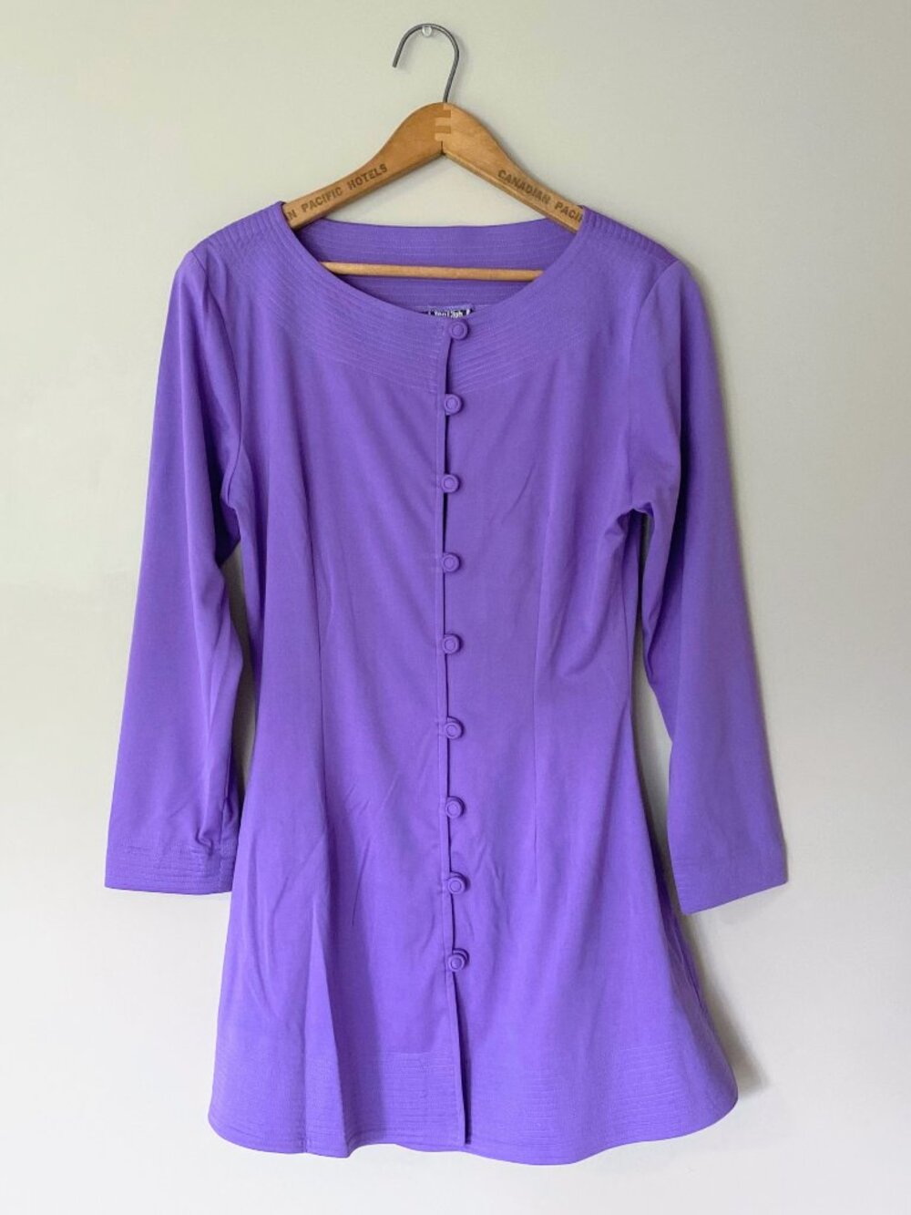 Vintage Purple Mini Dress / Long Sleeve Boat Neck with Button Closure / 90s
